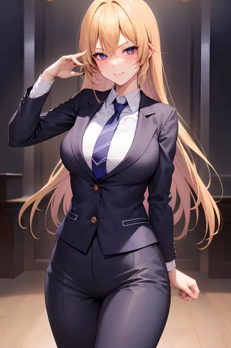 (Best Quality,4k,highres),A girl:1.1,blonde hair, chest,Wearing a tuxedo suit,Badass female, Smiling Skinny female figure,blue necktie,collared shirt, Spacious room background, wallpaper, thighs