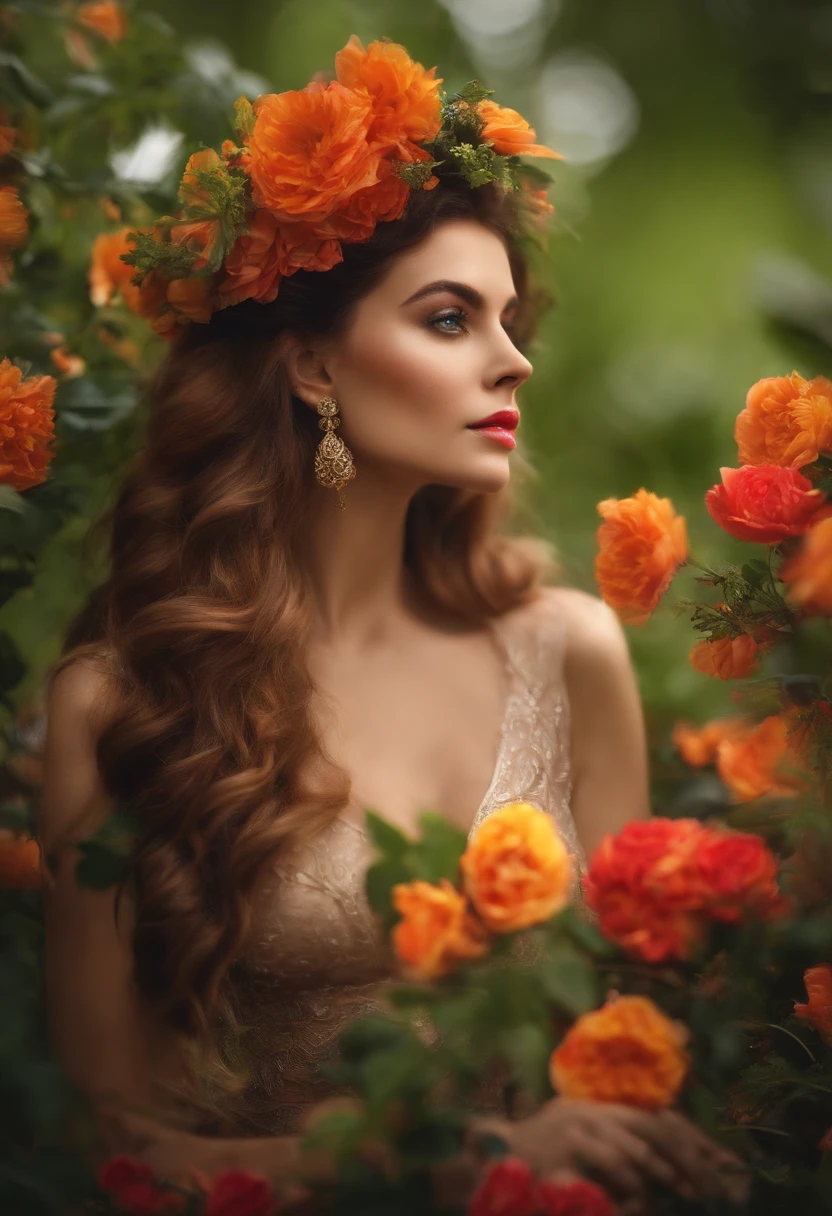 Une femme aux cheveux longs et une couronne de fleurs dans un jardin -  SeaArt AI