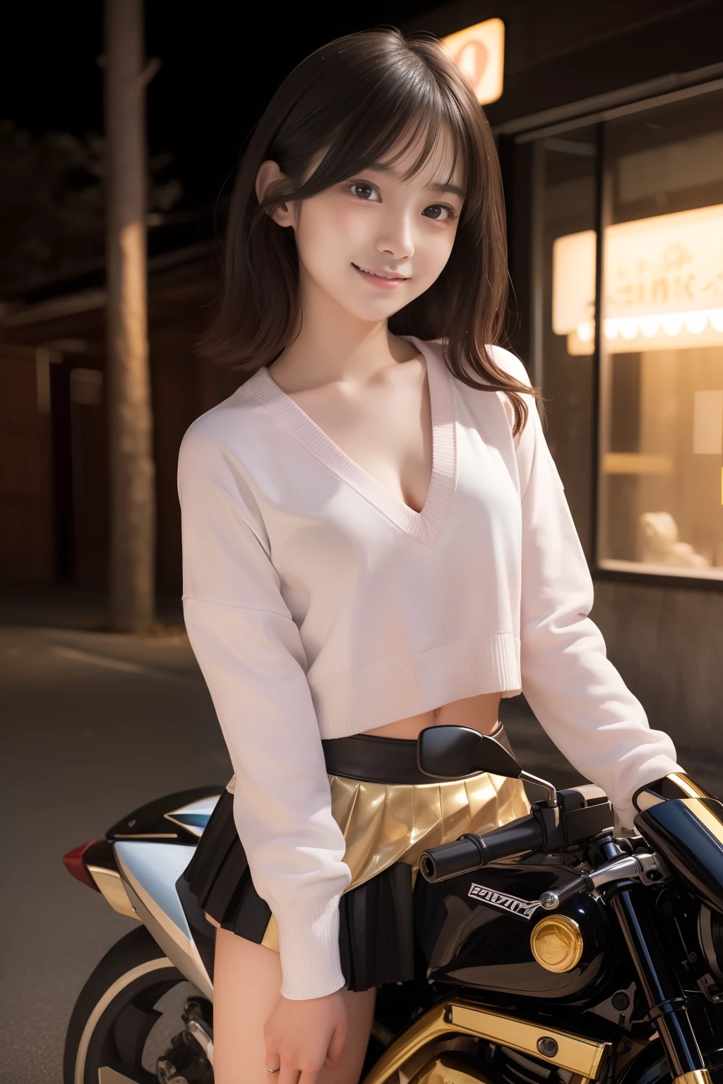 Araffe asian woman in white top and gold skirt standing next to a  motorcycle - SeaArt AI