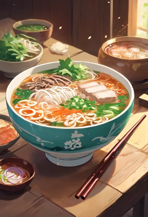 a bowl of pho soup with chopsticks and onions in it, realistic photo of delicious pho, inspired by Tan Ting-pho, phong shaded, daopao, ❤🔥🍄🌪, pot, illustration!, mapo