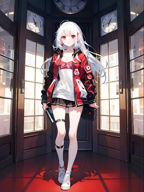 1girl, half red half white hair, straight hair, clock, bomber - SeaArt AI