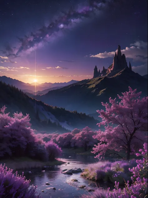Illustrative image of a beautiful natural landscape on a night of a starry purple sky