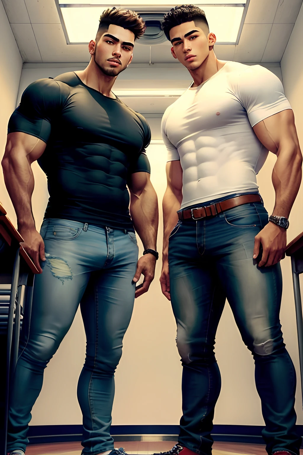 Two men in jeans and white shirts standing next to each other - SeaArt AI