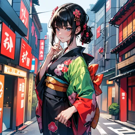 a girl, black pigtail hair, kimono, vibrant colors, japan styles, city