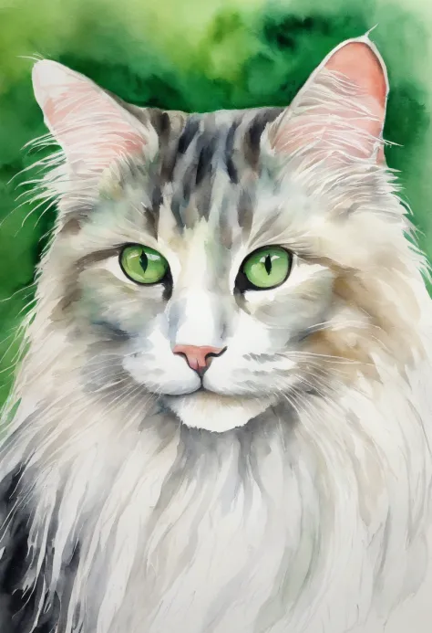 Vintage Watercolor white Longhair cat, green eyes, birthdayparty