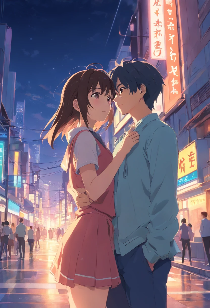 A couple kissing in the middle of a city street at night - SeaArt AI