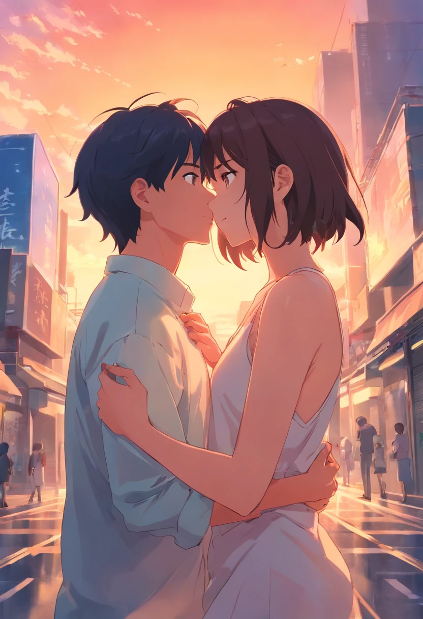 A couple kissing in the middle of a city street - SeaArt AI