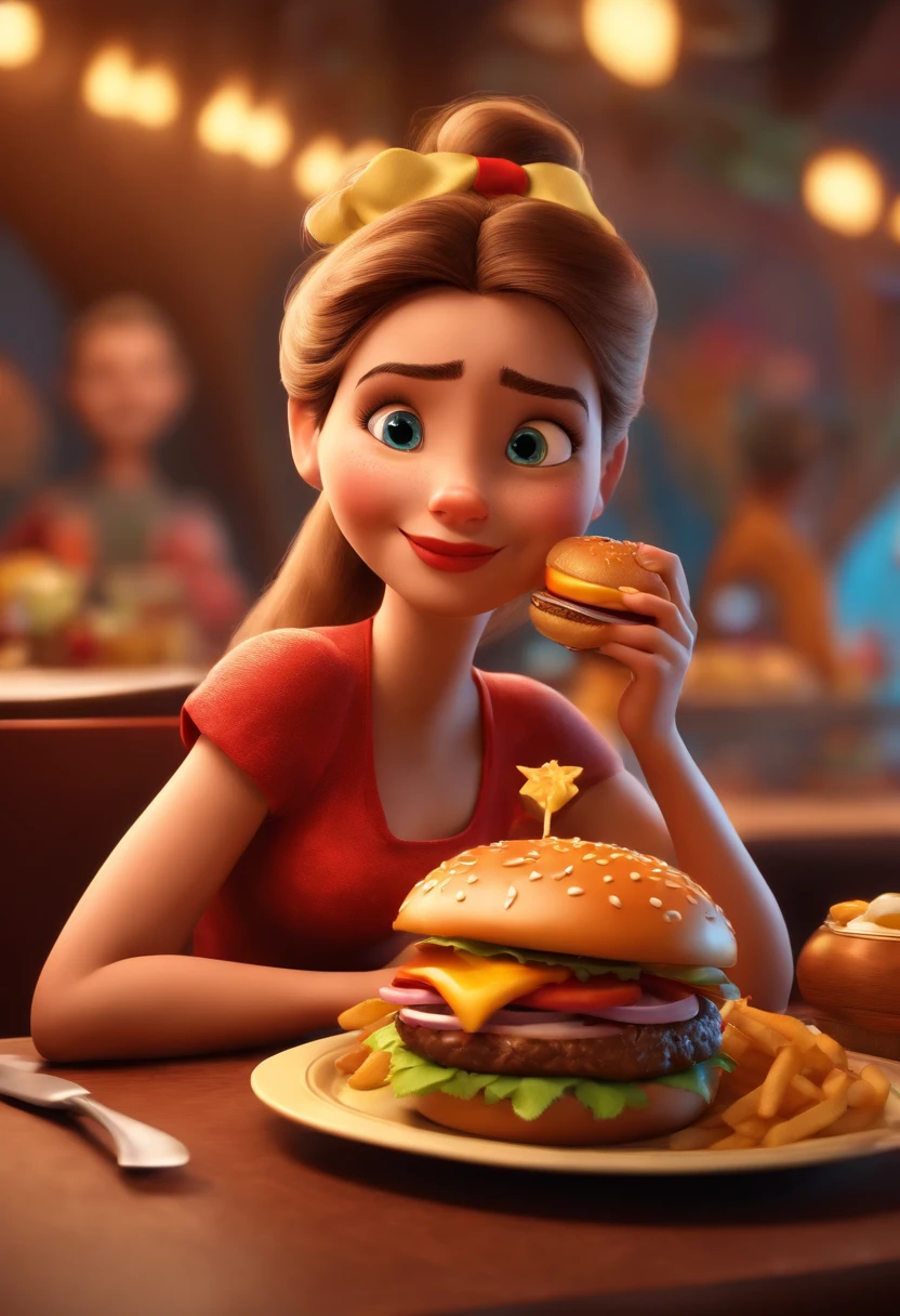 faz uma garota, She's hungry, como Disney Cartoon, She's eating hamburger, Pixar, ....3d, Disney