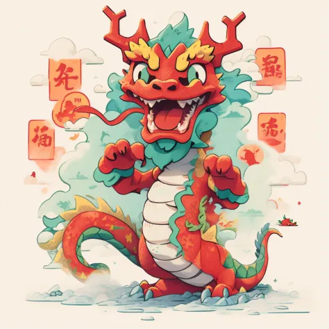 Illustration of a red-nosed green-tailed dragon, smooth chinese dragon,chinese dragon concept art,  cyan chinese dragon fantasy, anthropomorphic dragon, a dragon made of clouds、In graffiti style