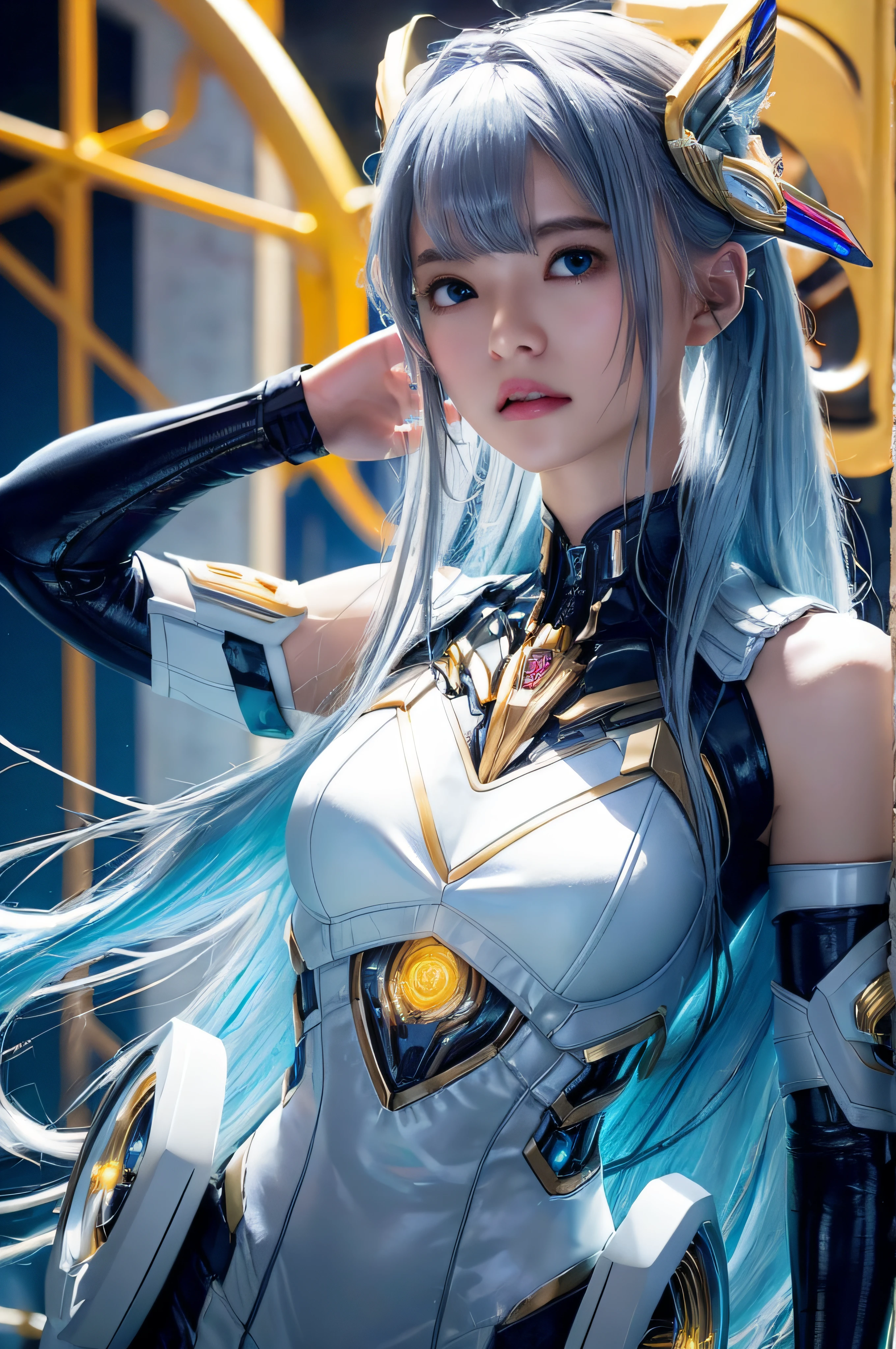 RAW image quality、8K分辨率、Ultra-detailed CG footage、top-quality、​masterpiece、超A high resolution、(Photorealsitic:1.4)、女の子1人、Light blue hair、Straight hair, shiny and clean hair、White shiny skin、Sexy Cyberpunk Girl、((super realistic details))、Shadow、octan render、ultrasharp、hyperdetailed face、Fiberglass、Luminous tube、highly intricate detail、Realistic light、CGSoation Trends、((Golden Eyes))、(Facing the camera)、neon details、Mechanical limbs、Mechanical vertebrae attached to the back、mechanical cervical attaching to neck、Wires and cables connecting to the head、cosmic background、Rat trail section、((valkyrie))、((Beam Cannon))