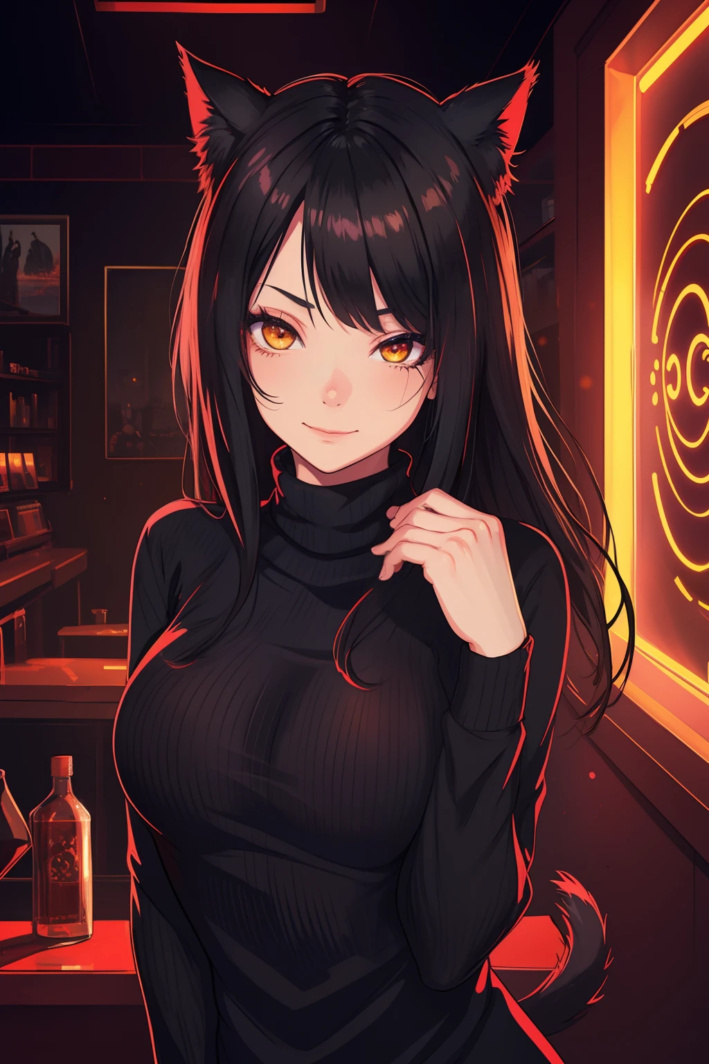 portrait, (NSFW, slim body, 1 girl), (best quality, 4k, 8k, high-res, ultra-detailed, anime style, pastel, warm), catgirl, black hair, yellow glowing eyes, looking at viewer, smug, slightly smiling, goth makeup, aesthetic, red room aesthetic, red lightning, red interior, red light, dark red lights, black turtleneck sweater, closeup