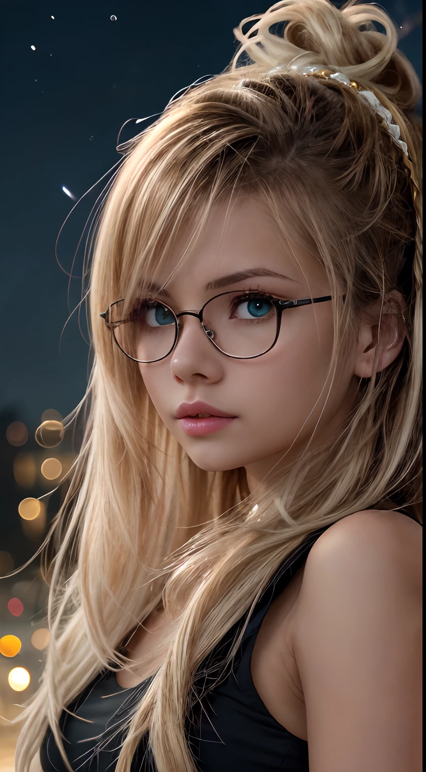 girl with glasses and long hair,  visual of a cute girl,  style. 8k, pin on vibes,  style 4 k,  moe artstyle,  aesthetic,  girl desktop background,  visuals,  girl with real hair, ethereal ,  girl with long hair, beautiful  portrait ,  , , sharingan background, night time, dark ,  , wearing  headband