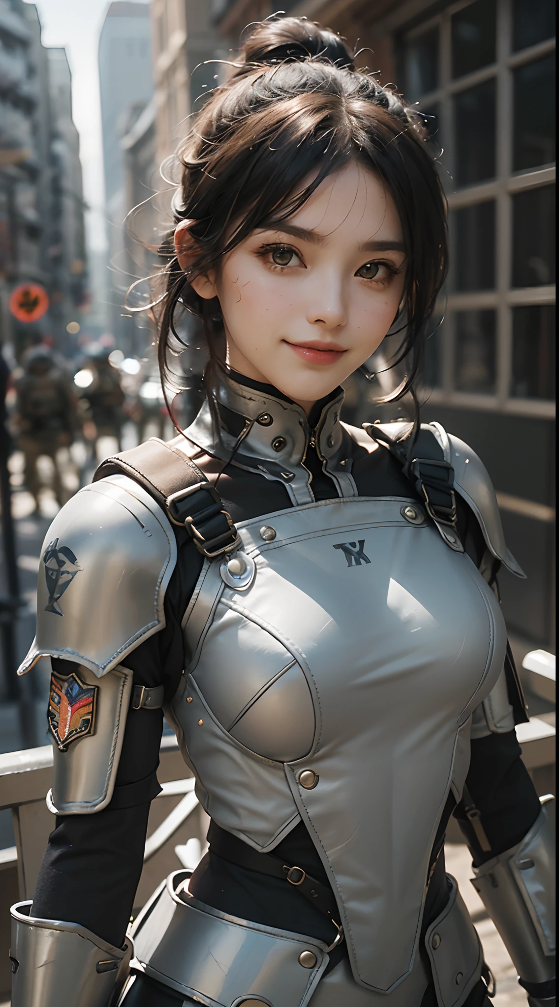 (Highest image quality, outstanding details, ultra-high resolution), 1 girl, wearing futuristic military outfit((inspired by Praetorian Centurion of Roman Empire, military harness, military gears such as pouches)), (glamour body:1.2, buffed and muscular body), (a bit chubby:0.5), background military base, mild smile, dynamic pose, dramatic lighting,