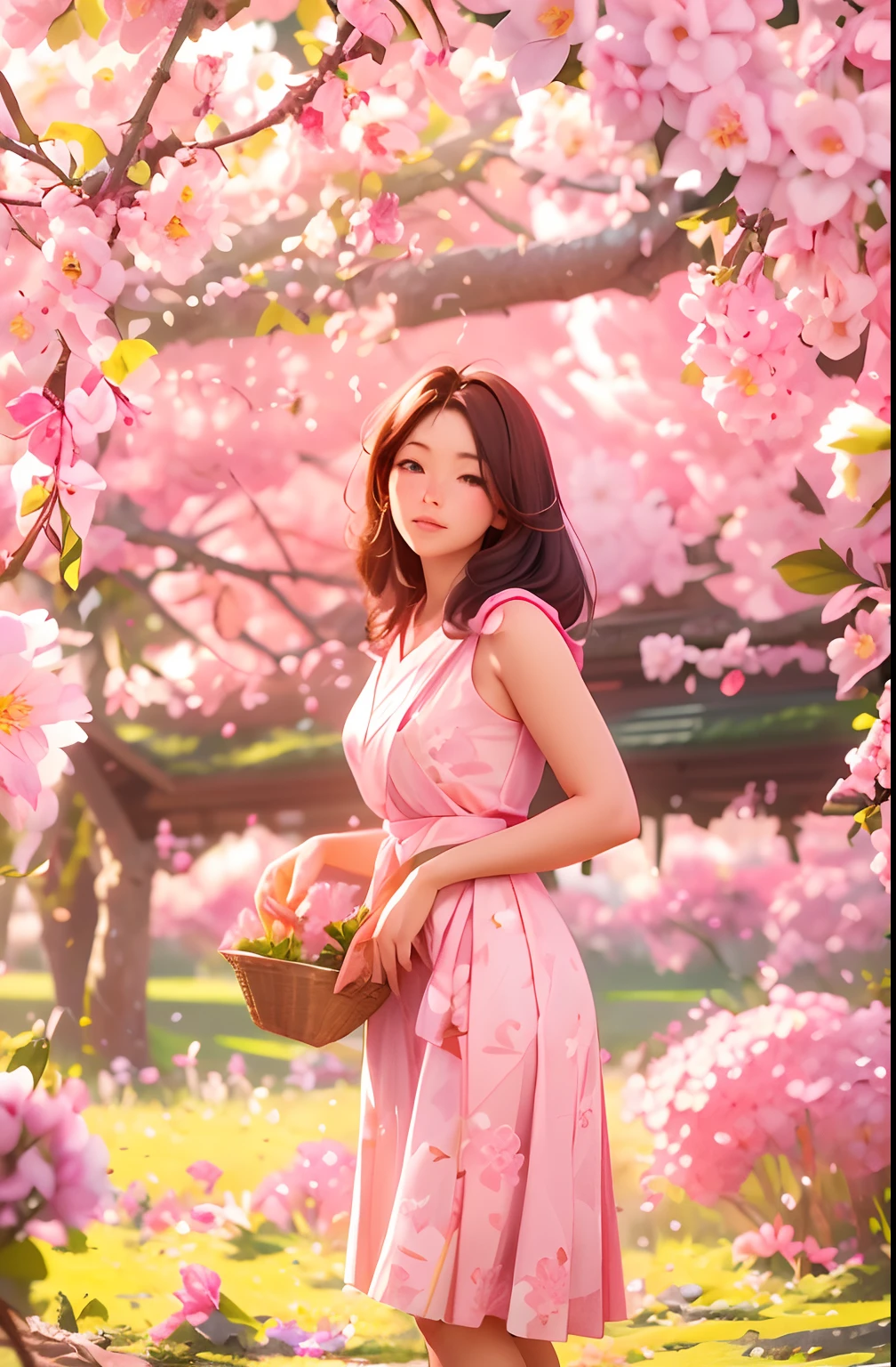 아름다운 30세 농부 여성이 벚꽃을 따고 있습니다., 서있는 자세, 분홍색과 흰색 일본 무리를 입고, 여성적인 형태, 나뭇가지에 많은 사쿠라 꽃, 아침 빛