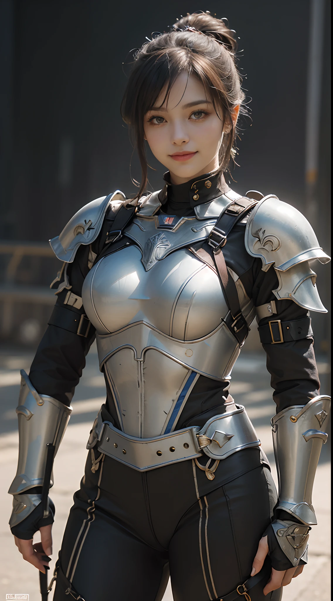 (Highest image quality, outstanding details, ultra-high resolution), 1 girl, wearing futuristic military outfit((inspired by Praetorian Centurion of Roman Empire, military harness, military gears such as pouches)), (glamour body:1.2, buffed and muscular body), (a bit chubby:0.5), background military base, mild smile, dynamic pose, dramatic lighting, full body