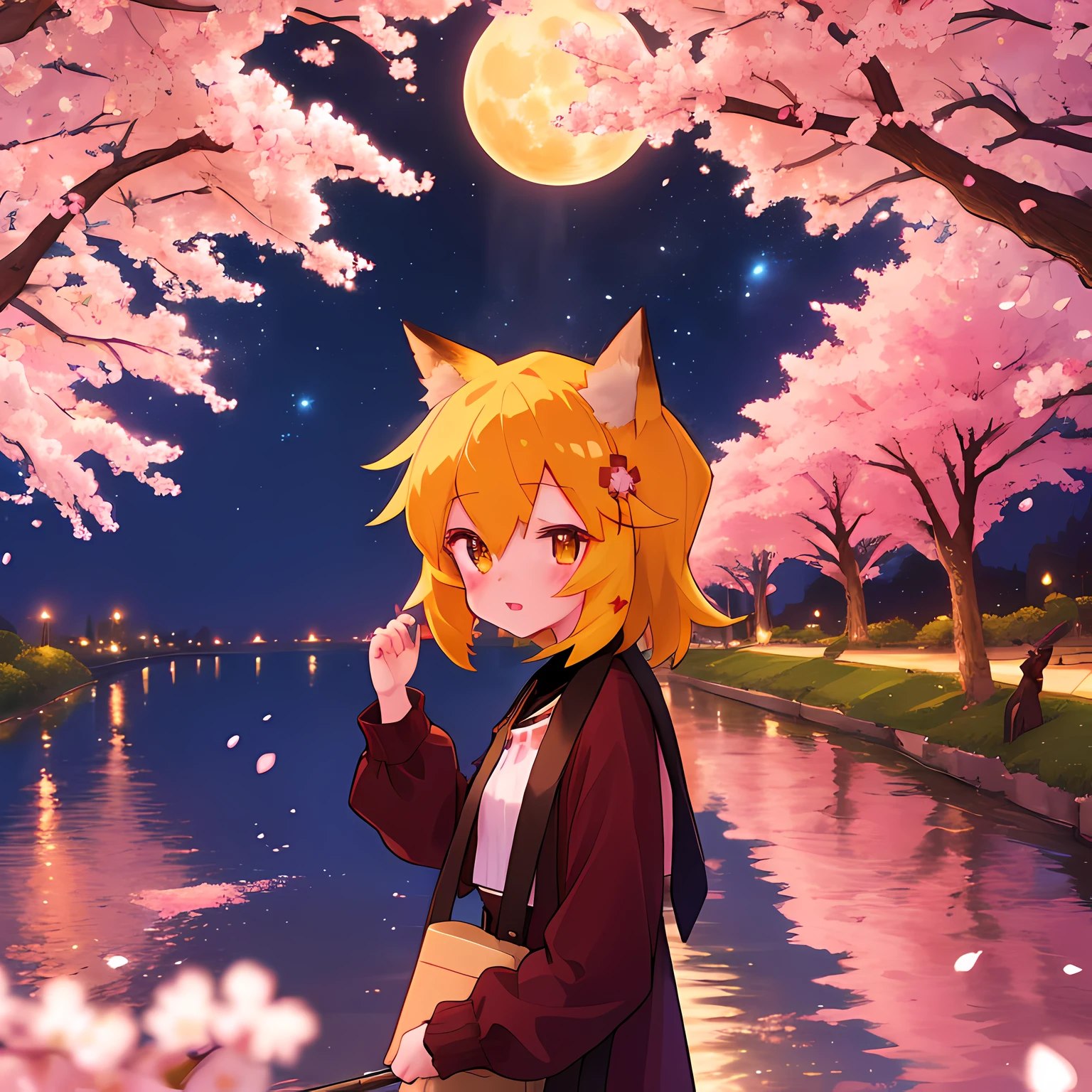 (Best Quality,4k,hight resolution,Masterpiece:1.2),Fox Girl,ear,On the Front Line,single girl,Bushes,the trees, Detailed girl, beatiful face, redhead hair, pretty eyes, very detailed eyes, Beautiful yellow eyes, Almost orange eye color, Very nice girl, The Starry Night, luna, Very beautiful moon, 4K Луна, Cherry blossoms, Beautiful cherry blossoms, cherry blossoms in 4K