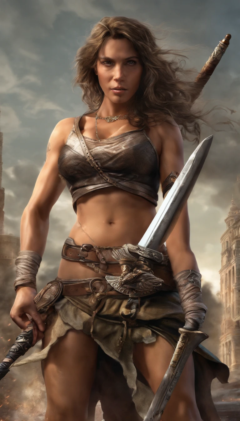 Massive muscular female bodybuilder girl with big shoulders and big tits,with armor,She's jumping up holding a sword