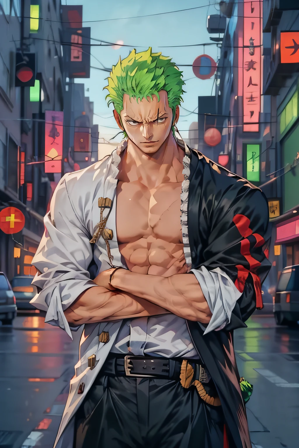 1man, minimalism, zoro roronoa, Eiichirō Oda, simple, vector, bodybuilder, city from background, scar across eye))