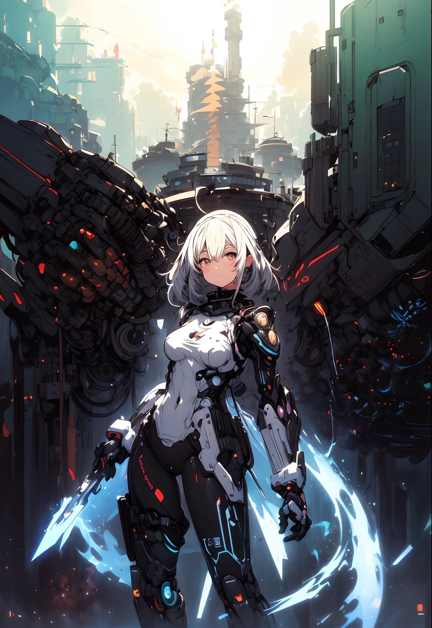 une peinture d&#39;une femme avec un fusil et une épée, Krenz Cushart et Wenjun Lin, cyberpunk anime fille mech, Krenz Cushart et Asher Duran, Mecha humanoïde pictural, Wlop et Krenz Cushart, art conceptuel d&#39;illustration, guweiz, Krenz Cushart et Artem Demura, mecha femelle, (mignon illustration:1.5), (mignon,kawaii,doux:1.2),
(1fille:1.4), le maillot de corps, Fille cyborg,
mains mécaniques hyper gigantesques,pose dynamique, 
belles mains, des mains parfaites, Incroyablement cinématographique, meilleure qualité, meilleure résolution