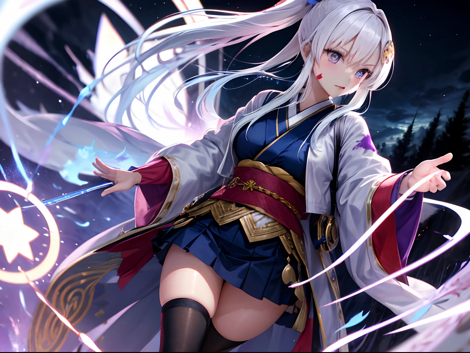 1girl, japanese clothes, ponytail ,white hair, purple eyes, magic circle, blue fire, blue flames, wallpaper, landscape, blood, blood splatter, depth of field, night, light particles, light rays, sidelighting, thighs, fate \(series), open jacket, skirt, thighhighs, cloud