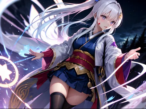 1girl, japanese clothes, ponytail ,white hair, purple eyes, magic circle, blue fire, blue flames, wallpaper, landscape, blood, blood splatter, depth of field, night, light particles, light rays, sidelighting, thighs, fate \(series), open jacket, skirt, thi...
