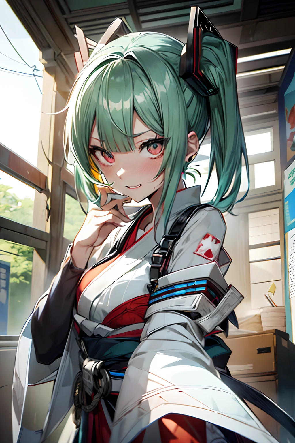 Anime girl with green hair and a white top and blue pants - SeaArt AI