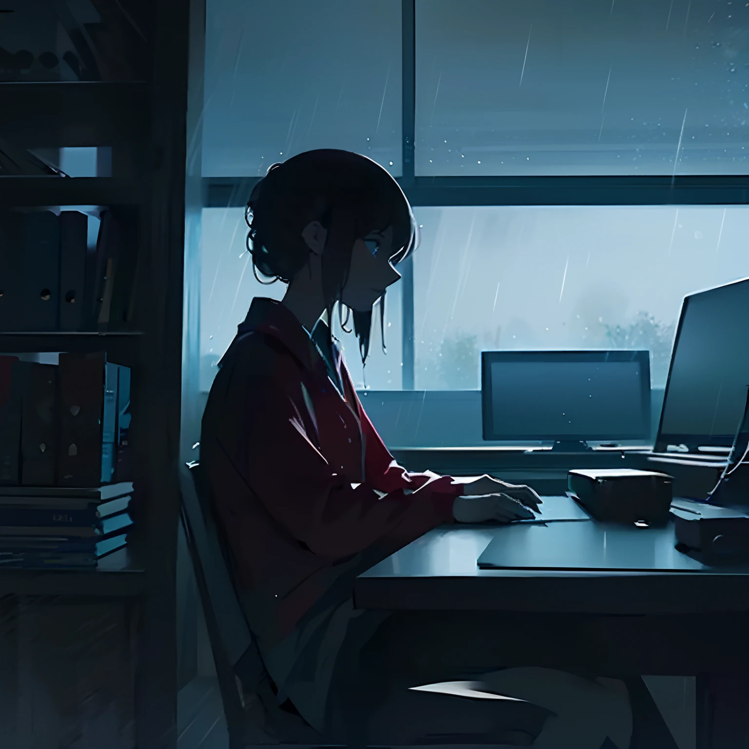 Interior oscuro,Mujer sin rostro,sentado frente a una computadora,artístico,lluvia fuera de la ventana,1 persona,largo