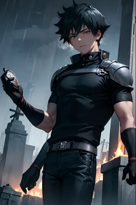 Teen boy, darkness, hand with scar and burning scar, t-shirt, black jeans, poker face, cemetery background, anime characters, ma...