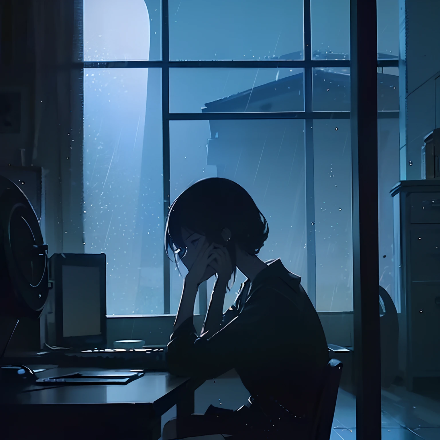 Dark indoor,Woman Without a Face,Sitting in front of a computer,artistic,Rain outside the window,1 persons,looking out the window,Long