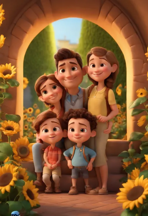 Create a Disney PIXAR-style 3D poster. ((centro da imagem, Triplets)), ((3 children)) ((1 menino no meio e 2 meninas ao lado, They're hugging each other, O menino tem pele castanha e cabelos castanhos escuros e olhos castanhos escuros, 1 menina tem pele cl...