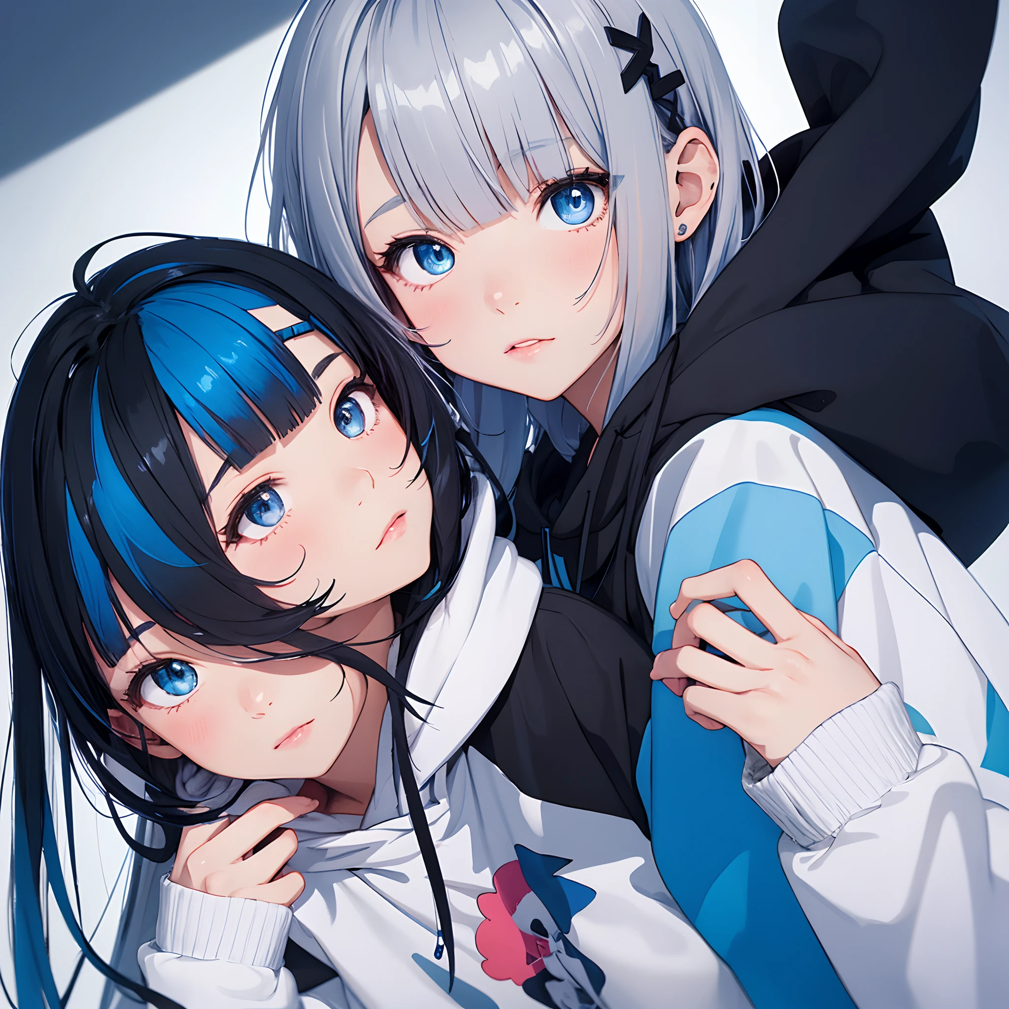 illustration A girl with high-resolution cute anime Vtuber, black hair with blunt bangs, blue highlights in the hair above the right side with blue and silver hairpins, gradient blue and silver eyes, slanted eyes looking up, wearing a black hoodie, hand on cheek.”