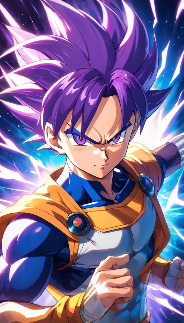 The perfect art of Vegeta's superego, Purple hair and eyes, Wrapped in purple energy and rays, The expression is serious, chiseled muscles, realistic shaded, incredibily detailed, perfect  eyes, Perfect hands, full bodyesbian, blue attire, Dark sky in background.