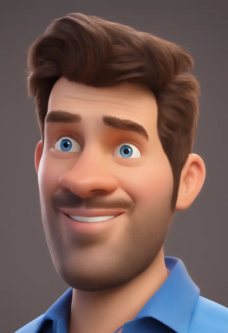 Um homem estilo 3D Pixar olhando para a frente. parecendo cerca de 40 anos, Wearing a blue button-down shirt. sem barba no rosto. Sorriso natural. Blue eyes and short brown hair with a bit of baldness. The skin is brown and the face is thin. corpo de um ho...