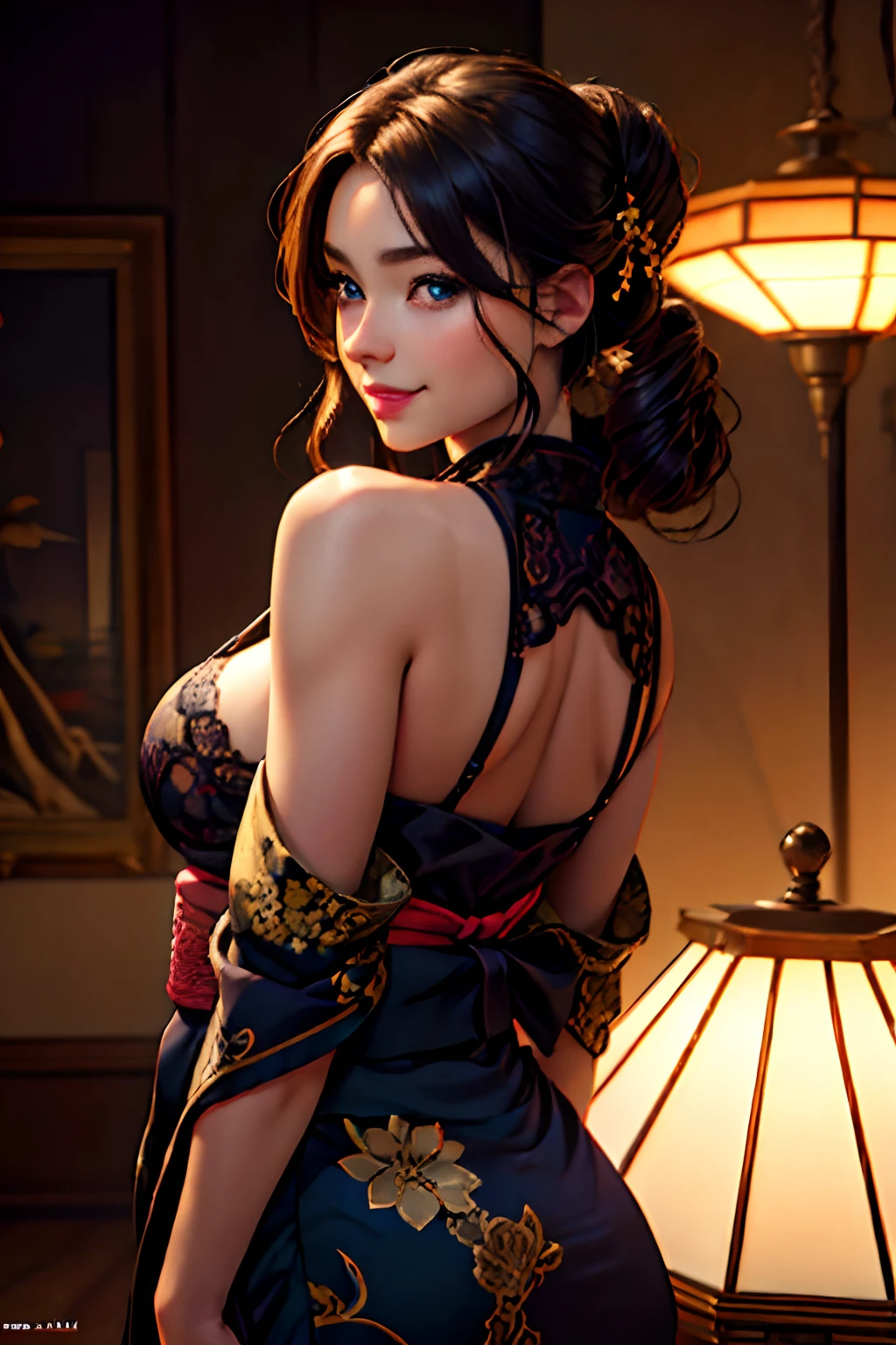 A beautiful flirtatiously smiling woman, a very busty ronin wearing gold lace kimono, Meiji restoration, blue eyes, yojimbo, cleavage, bare shoulders, HD, UHD, WLOP, Artgerm, intricate hairstyle, a view from behind, large anime eyes, realistic eyes, highly detailed eyes, natural skin, natural skin texture, subsurface scattering, muted colors, skin pores, perfect face, perfect eyes, perfect full lips, supple female form, vivid, cinematic, Film light, Hyper detailed, Hyper-realistic, masterpiece, atmospheric, High resolution, Vibrant, High contrast, dark angle, 8k, HDR, 500px, Art by Redjuice