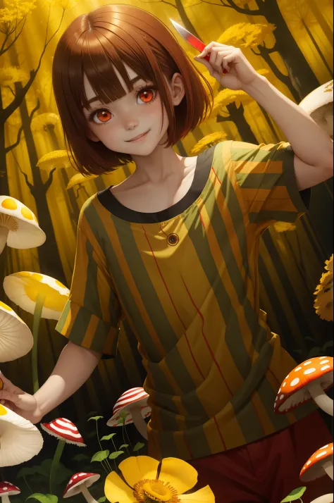 Red eyes, girl, holding a knife, yellow-green striped shirt with thicker stripes, red eyes glowing red, head tilted, short brown...
