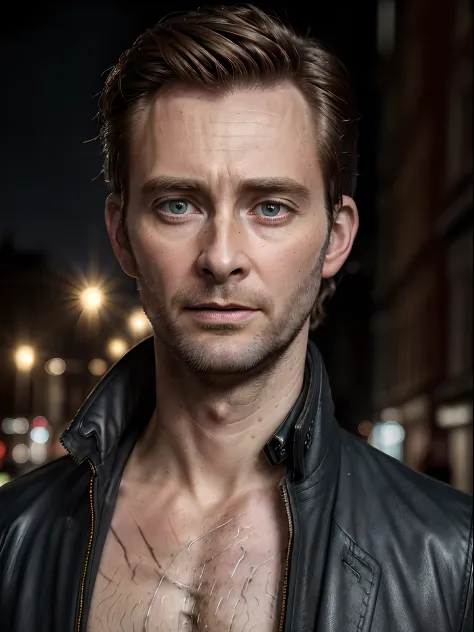 (photo was taken from a medium distance, Realistic, photorealistic, RAW photo, ultra detailed, cinematic lighting, man on a dark and cluttered street, with face where David Tennant collide with Tom Hiddleston, looking to the camera, extremely maniac look, ...