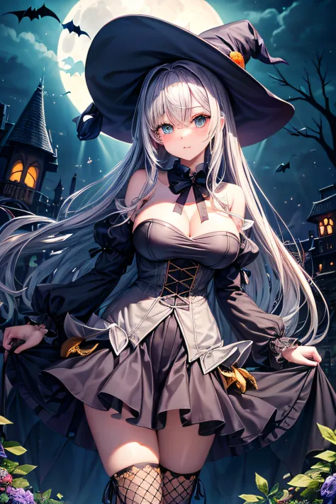 ((worst quality, low-quality)), ((Witch Girl)), Solo, ((Big breasts)), ((Long silver hair)), Hair over one eye, plump shiny lips, Beautiful clear eyes, Spoken Heart, ((witch's hat)), fishnet tights, embarrassed, Leaning forward, squash, Jack-o'-lantern, (S...