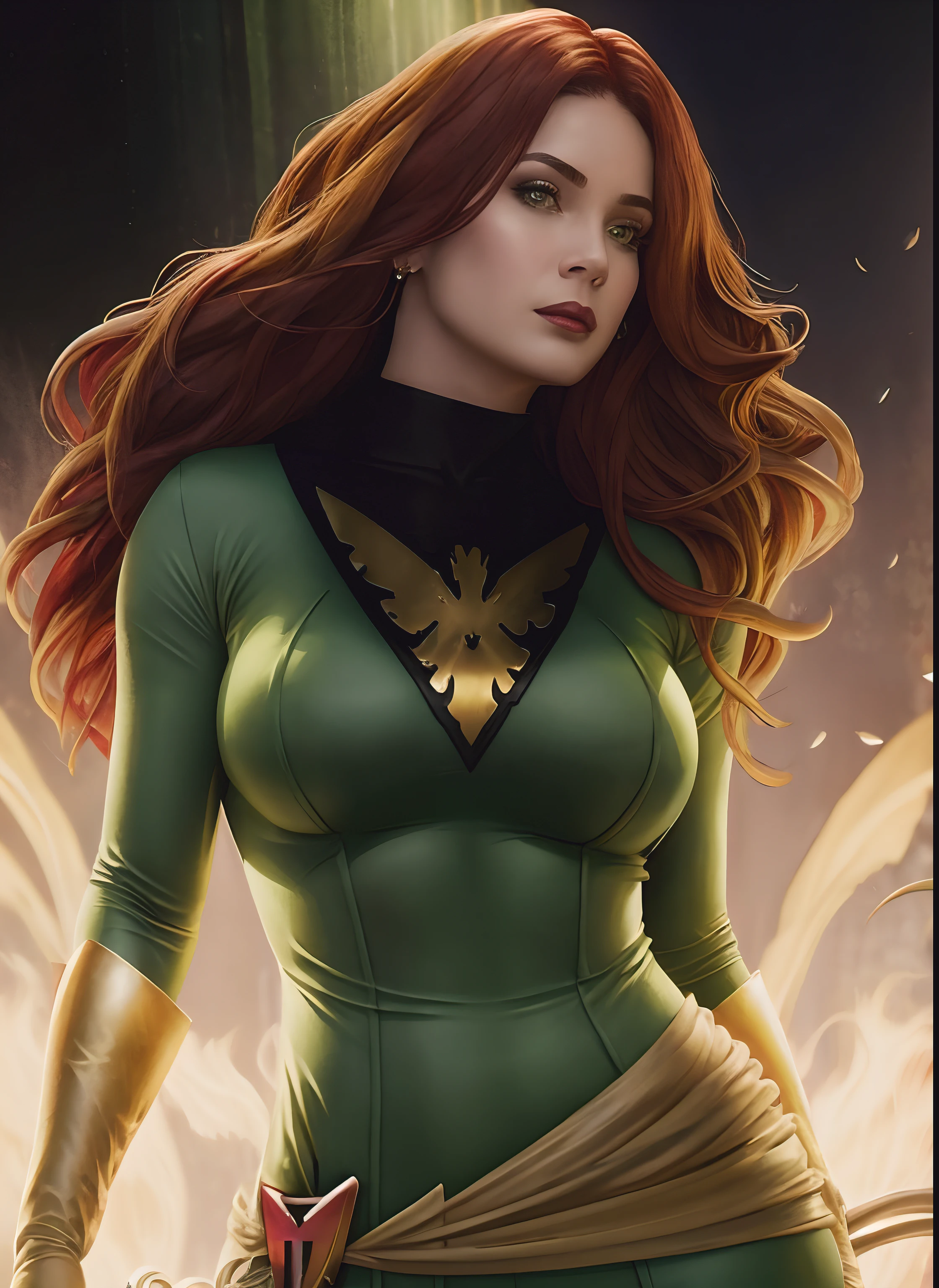 (melhor qualidade,4K,Altas), X-Men, realista,Mulher verde e dourada detalhada bonita posando para uma foto, jean cinza, retrato de corpo inteiro, uma fênix sombria, Cabelos ruivos e olhos verdes, fundo da floresta, hiper-detalhado, cinto dourado