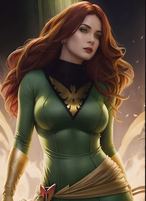 (melhor qualidade,4k,Altas), X-Men, Realistic,Mulher verde e dourada detalhada bonita posando para uma foto, jean cinza, retrato...