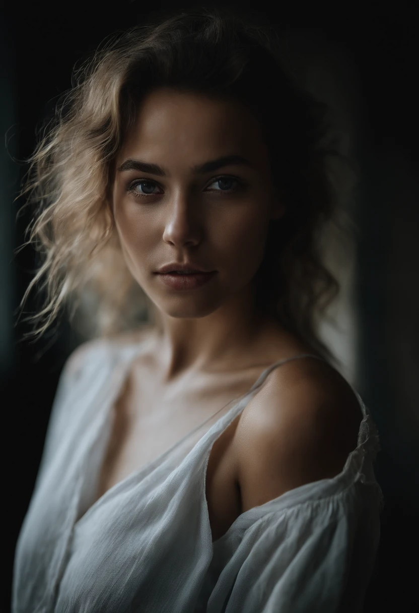 editorial photograph of a 22 year old woman), (highly detailed face:1.4) (smile:0.7) (background inside dark, moody, private study:1.3) POV, by lee jeffries, nikon d850, film stock photograph ,4 kodak portra 400 ,camera f1.6 lens ,rich colors ,hyper realistic ,lifelike texture, dramatic lighting , cinestill 800, jaw dropping beauty,nsfw big natural size breasts, young goddess no underwear,white linen gym shorts:1.3) full body,big fat