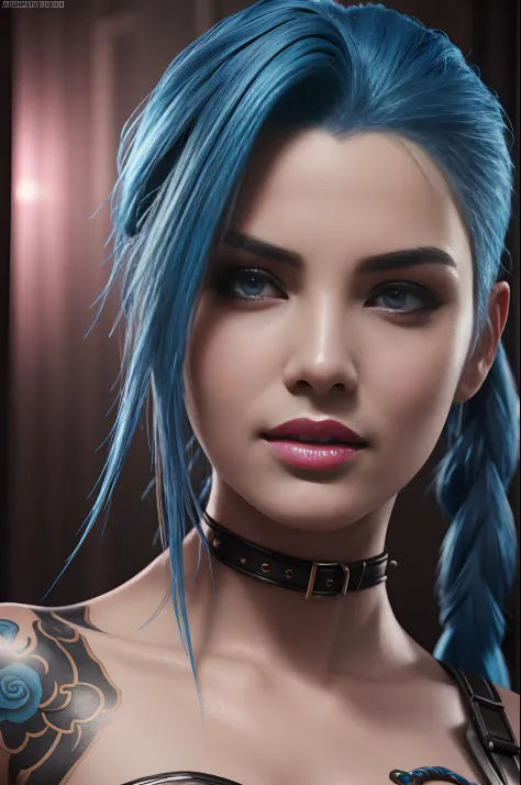 Jinx, high detail skin, high detail face, sexy, 3d, realistic, 8k, Masterpiece, trending on Artstation