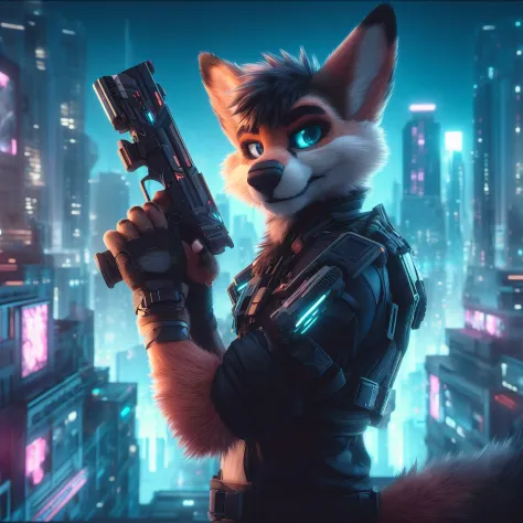A furry in a futuristic city holding a futuristic gun, ultra realistic 8k digital art