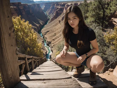 full shot, 1 girl, age19, solo, long hair, looking at viewer, (blonde hair), (((crouching slightly on a narrow wood plank bridge...