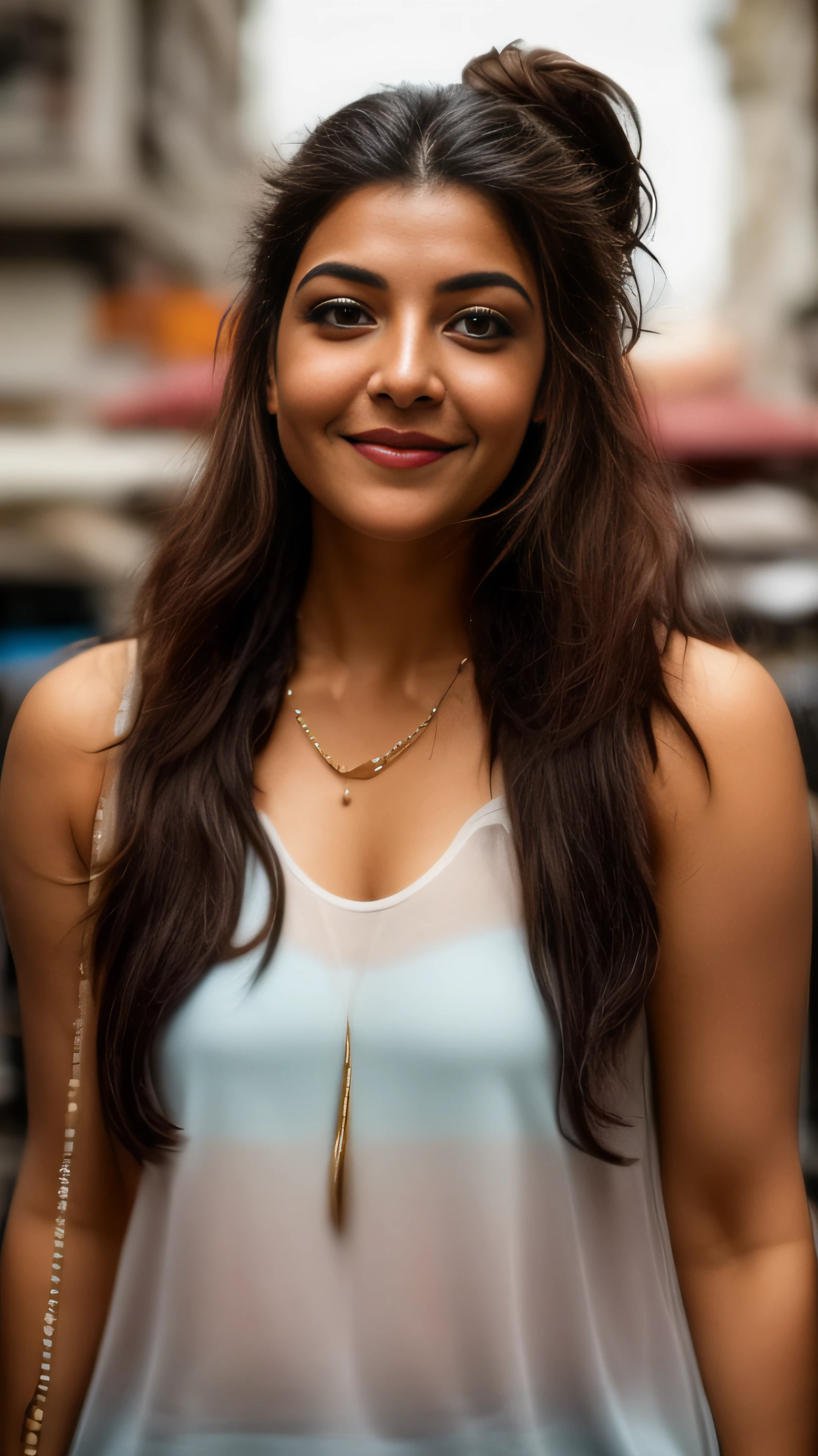 A close up of a woman with long hair and a white top - SeaArt AI