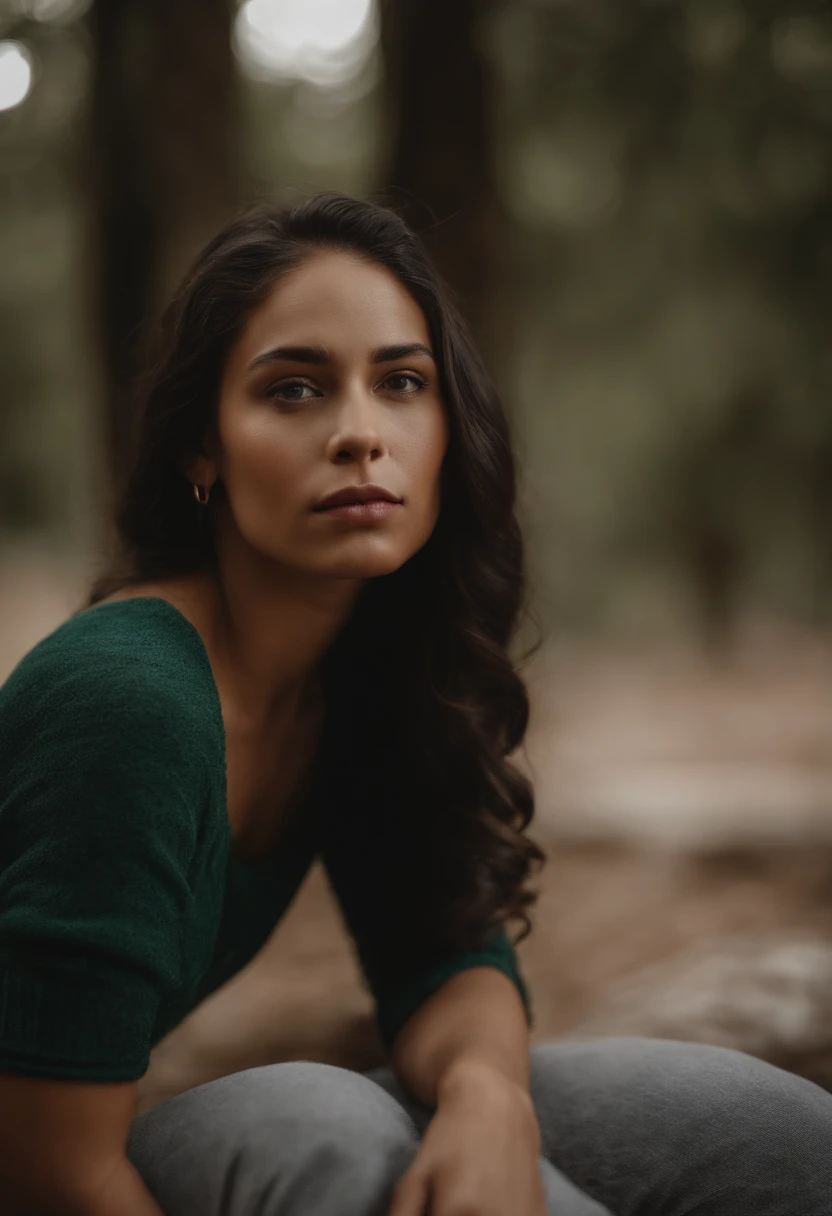 A woman sitting on a log in the woods looking at the camera - SeaArt AI