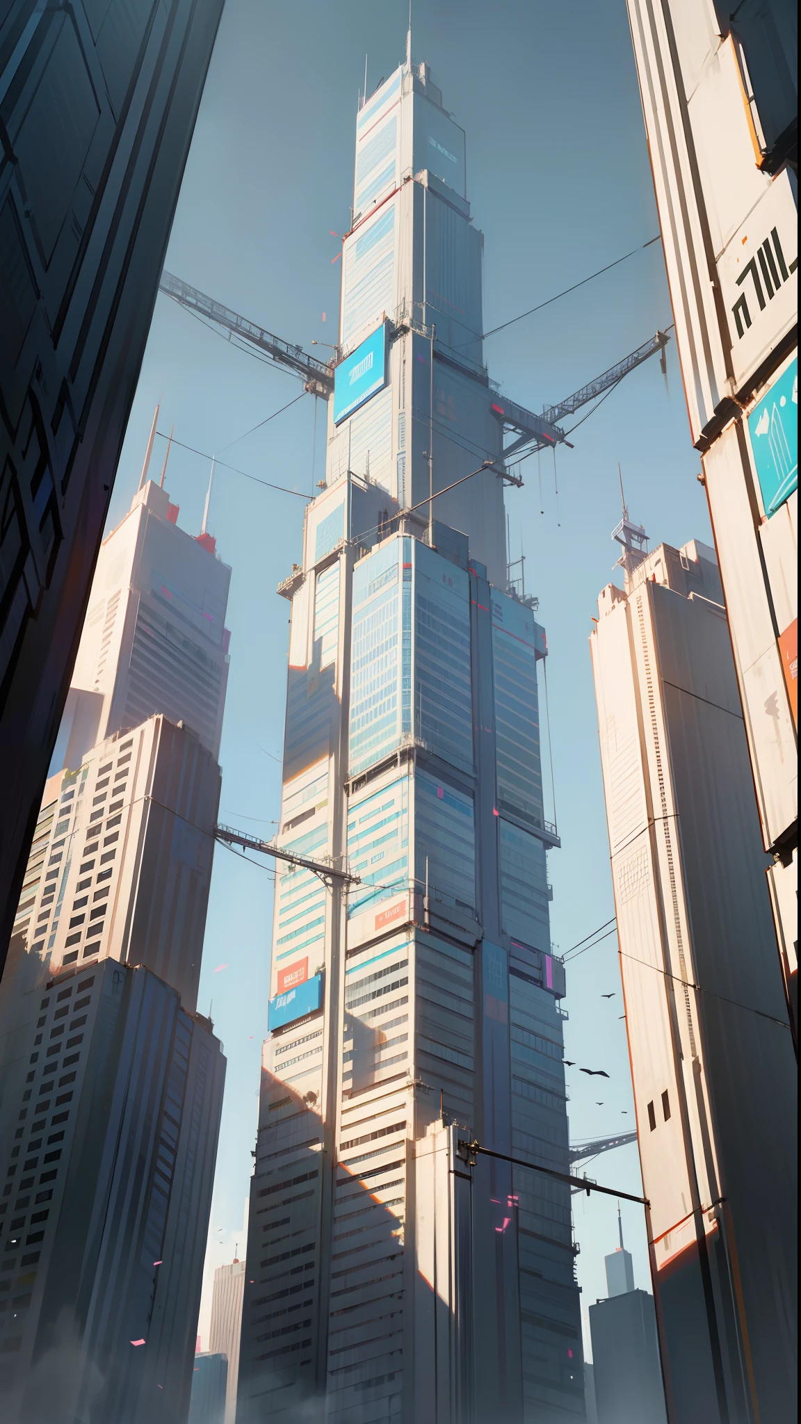 towering towers, cyberpunk, new powerful civilization , danganronpa , hopeful