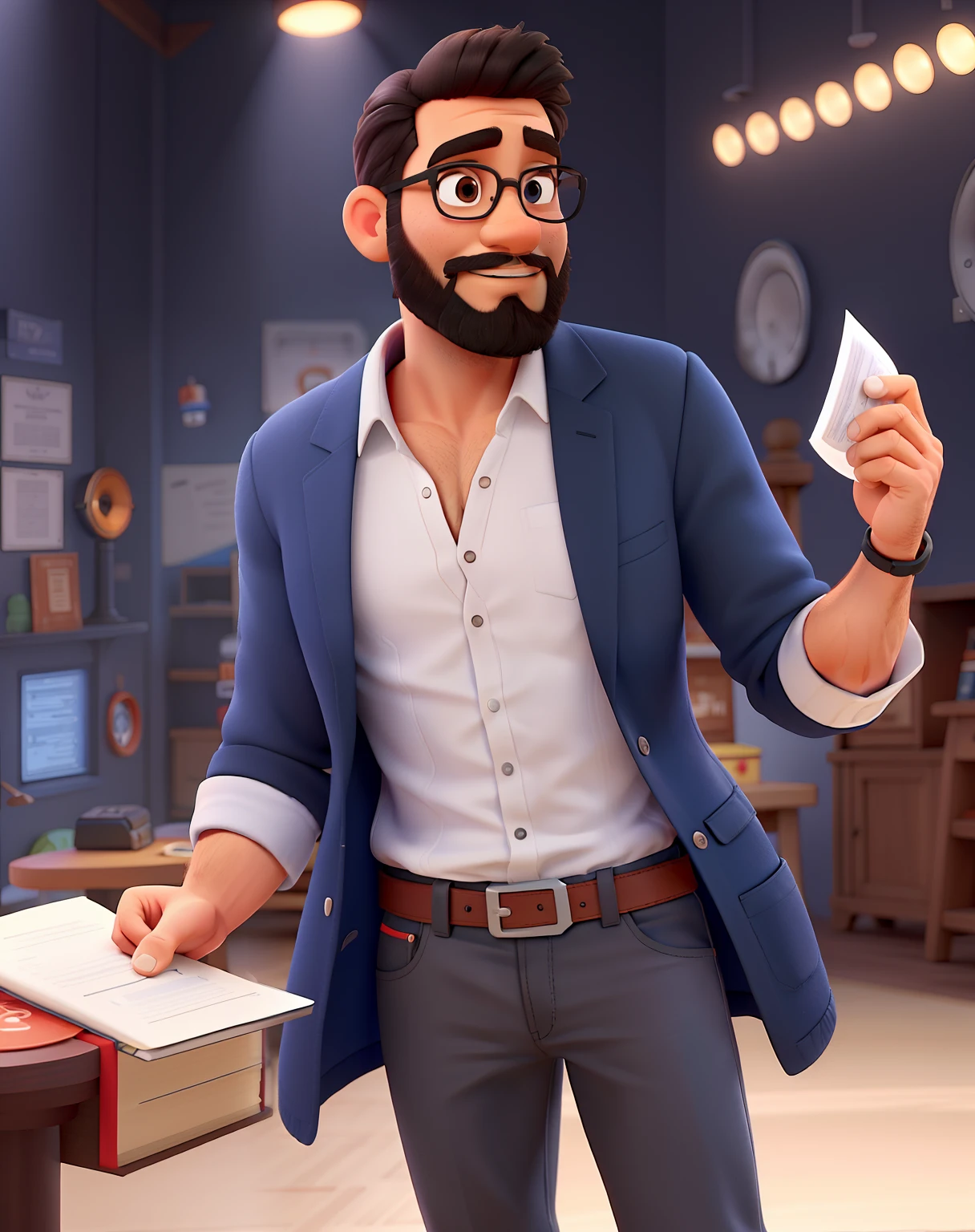 Pode melhorar barba mais rala com uns fios brancos, Make Full Body That Appear White Redley Shoes. Man stands black background on a speaker-type stage with microphone in one hand and book in the other in Disney pixar style best quality, maior qualidade.