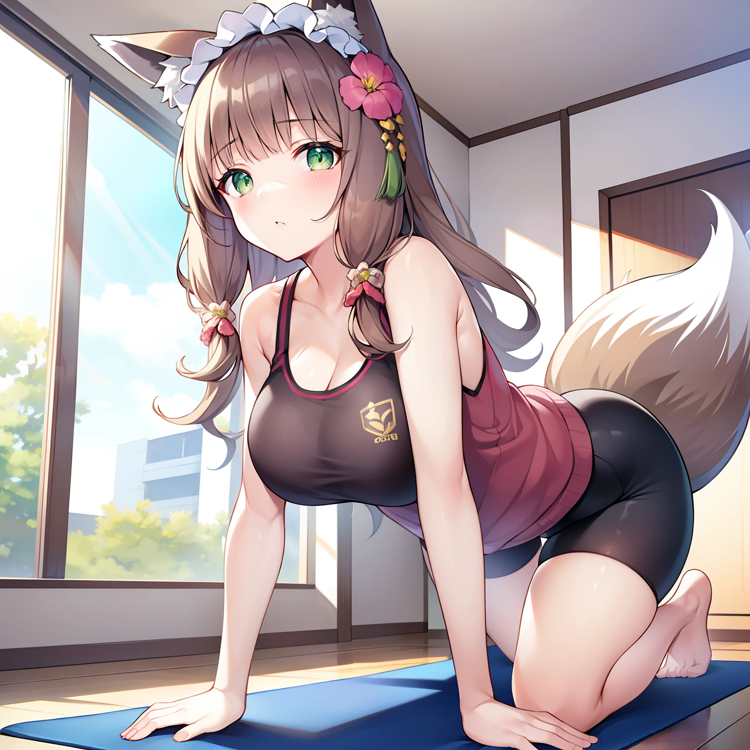 tmasterpiece，Highest high resolution，8k wallpaper，Highest drawing quality，1girll，Solo，(Huge fox tail)，Brown hair long，Green eyes，Small flower headdress，21-year-old college student_C cup，Modern architecture, On The Home，Girl doing exercise on yoga mat_Girls do flexibility exercises，Wear a sexy white sports vest_Black sports shorts，