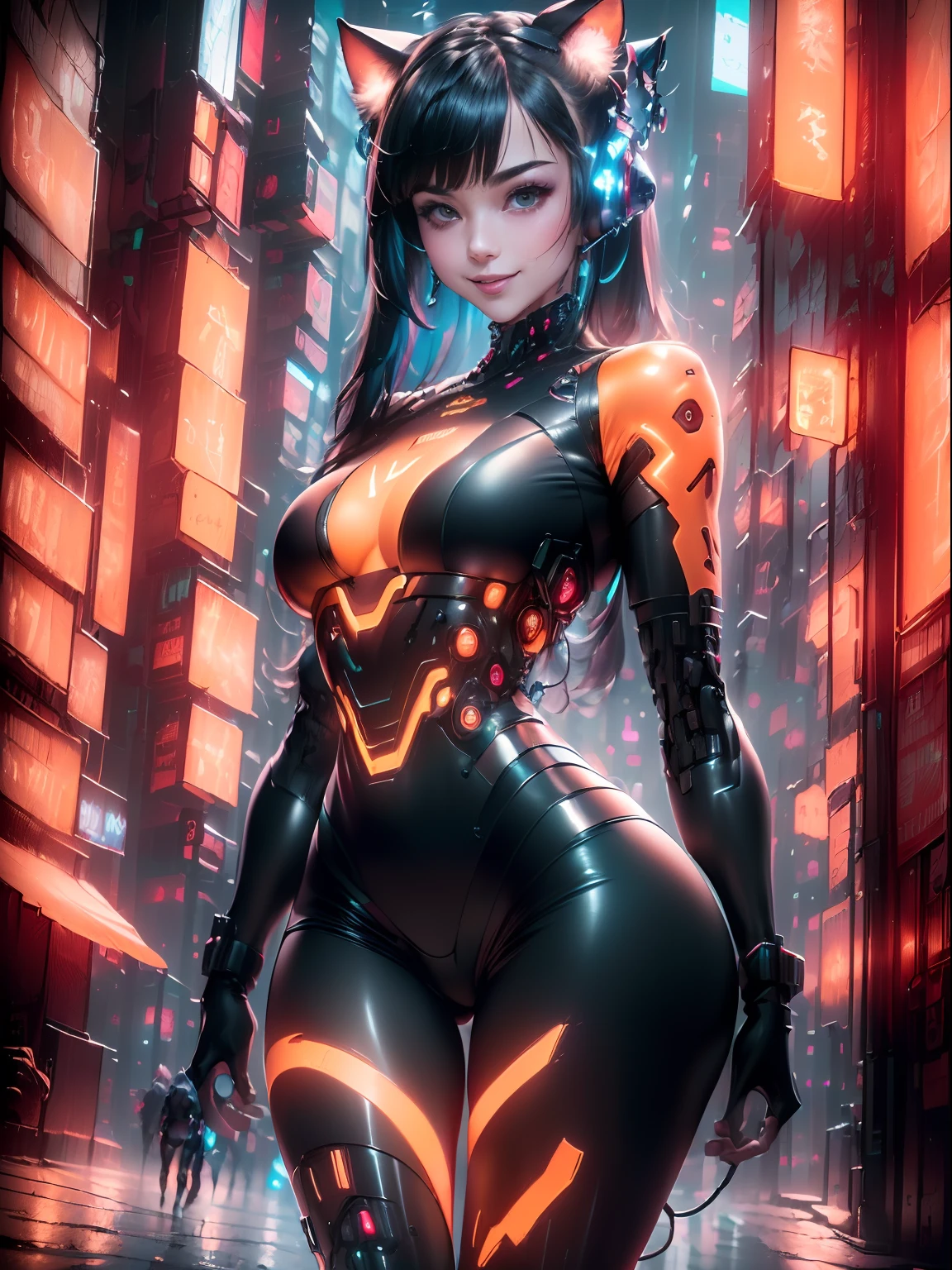 (RAW photo, best quality, masterpiece:1.2), (realistic, photo-realistic:1.4),(masterpiece:1.4),(best quality:1.4), ((smiling cute cyberpunk catgirl)), ((slender body, big breasts)), ((fringe and bangs twin pigails hairstyle)), wearing cybernetic gadgets, ((standing in Cyberpunk city streets)), ((dynamic pose)), cowboy shot, hair intakes, glowing neon accents, (((thigh gap))), thighs, multicolor hair.