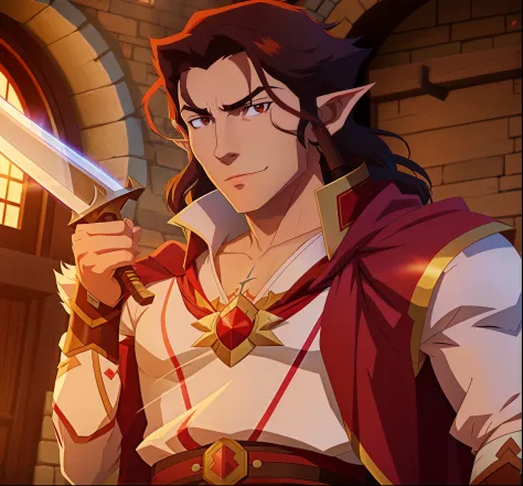 anime character with sword in hand and a red cape on,a cute shaved young aragorn in an anime world, a male elf, arcane from netf...
